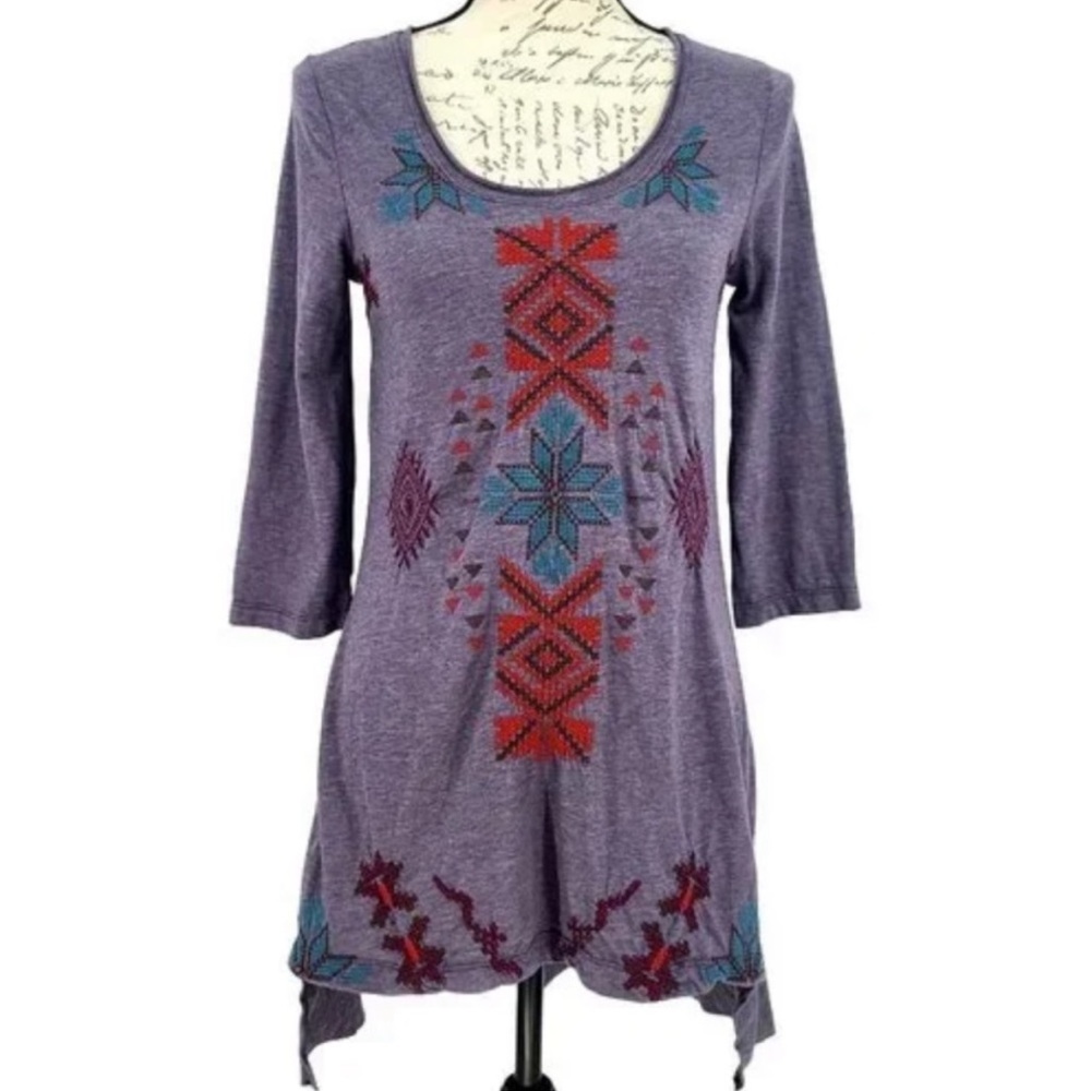 JOHNNY WAS JWLA Boho Hi-Lo Tunic Top with Embroidered Trim in Orange and Blue